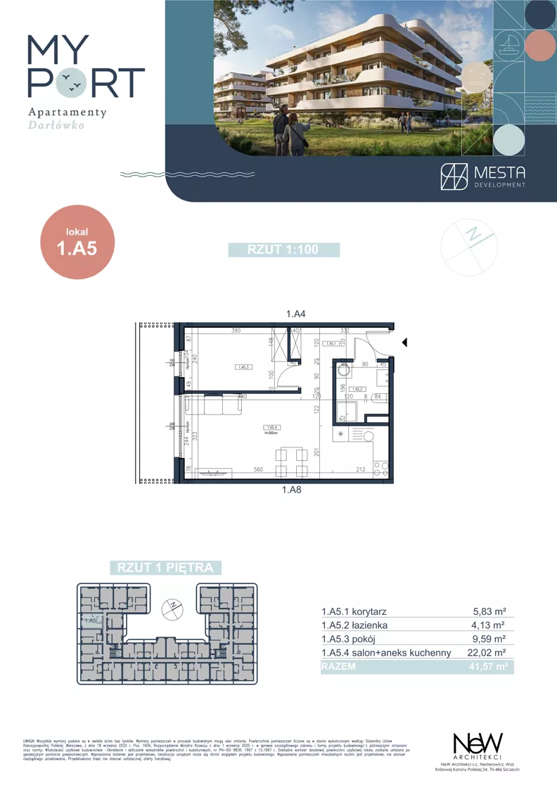 2 pokoje, apartament 41,57 m², piętro 2, oferta nr 1.A5, MyPort Apartamenty Darłówko, Darłowo, ul. Nadmorska