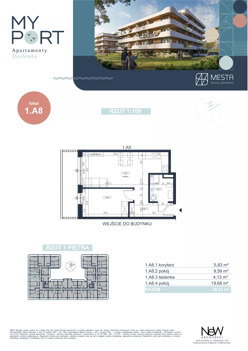 2 pokoje, apartament 39,23 m², piętro 1, oferta nr 1.A8, MyPort Apartamenty Darłówko, Darłowo, ul. Nadmorska