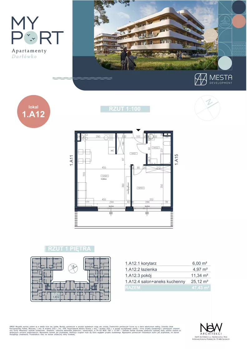 2 pokoje, apartament 47,43 m², piętro 2, oferta nr 1.A12, MyPort Apartamenty Darłówko, Darłowo, ul. Nadmorska
