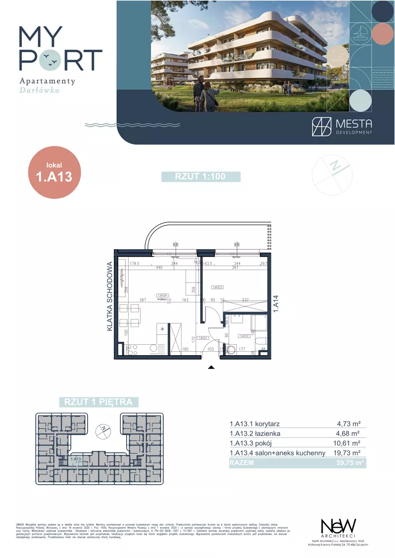 2 pokoje, apartament 39,75 m², piętro 2, oferta nr 1.A13, MyPort Apartamenty Darłówko, Darłowo, ul. Nadmorska