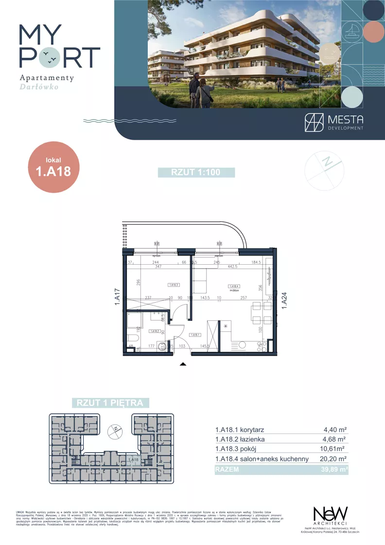 2 pokoje, apartament 39,89 m², piętro 2, oferta nr 1.A18, MyPort Apartamenty Darłówko, Darłowo, ul. Nadmorska
