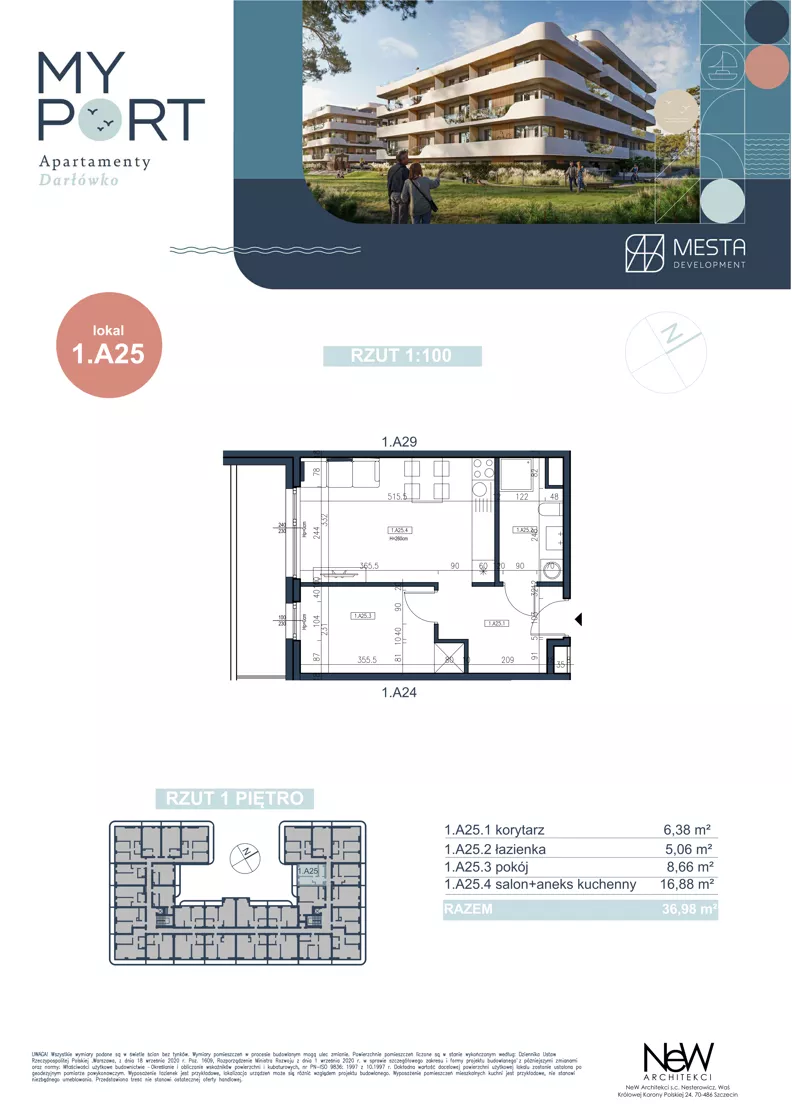 2 pokoje, apartament 36,98 m², piętro 2, oferta nr 1.A25, MyPort Apartamenty Darłówko, Darłowo, ul. Nadmorska