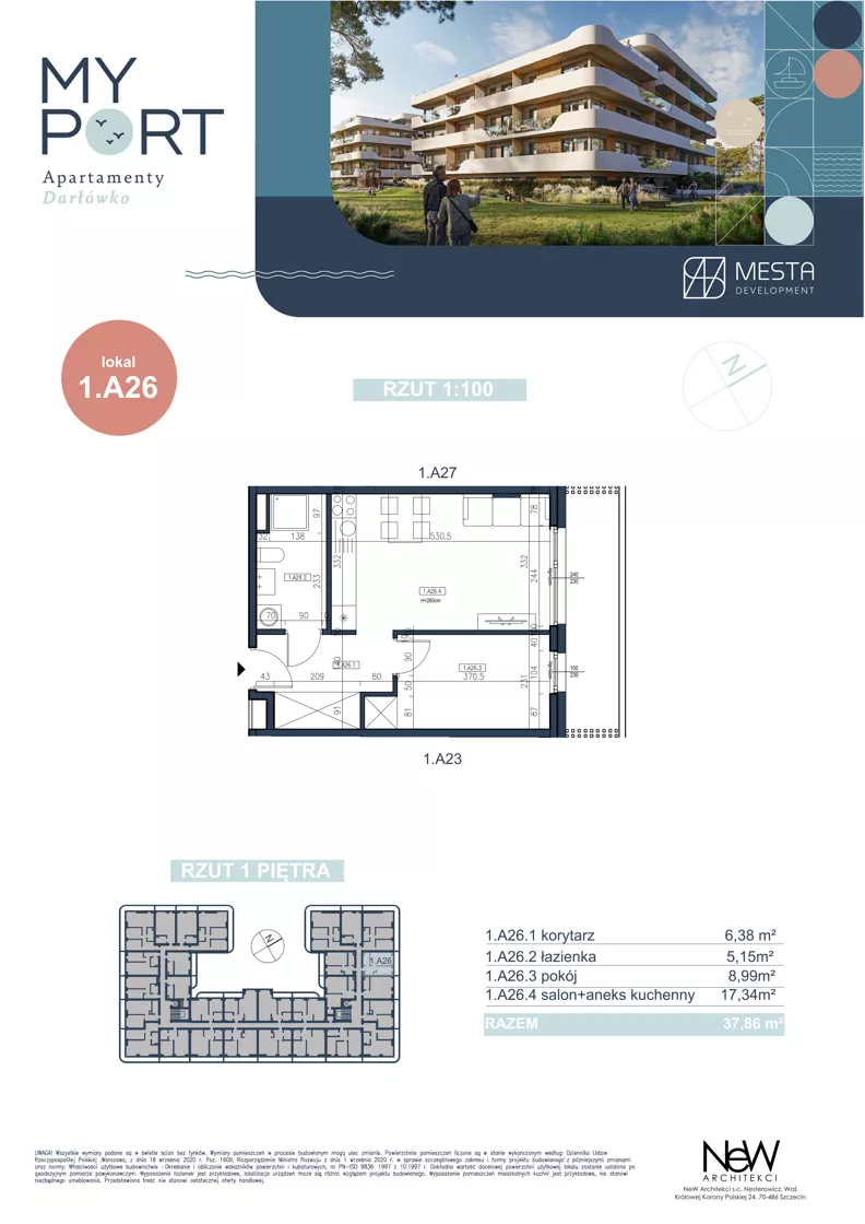 2 pokoje, apartament 37,86 m², piętro 2, oferta nr 1.A26, MyPort Apartamenty Darłówko, Darłowo, ul. Nadmorska