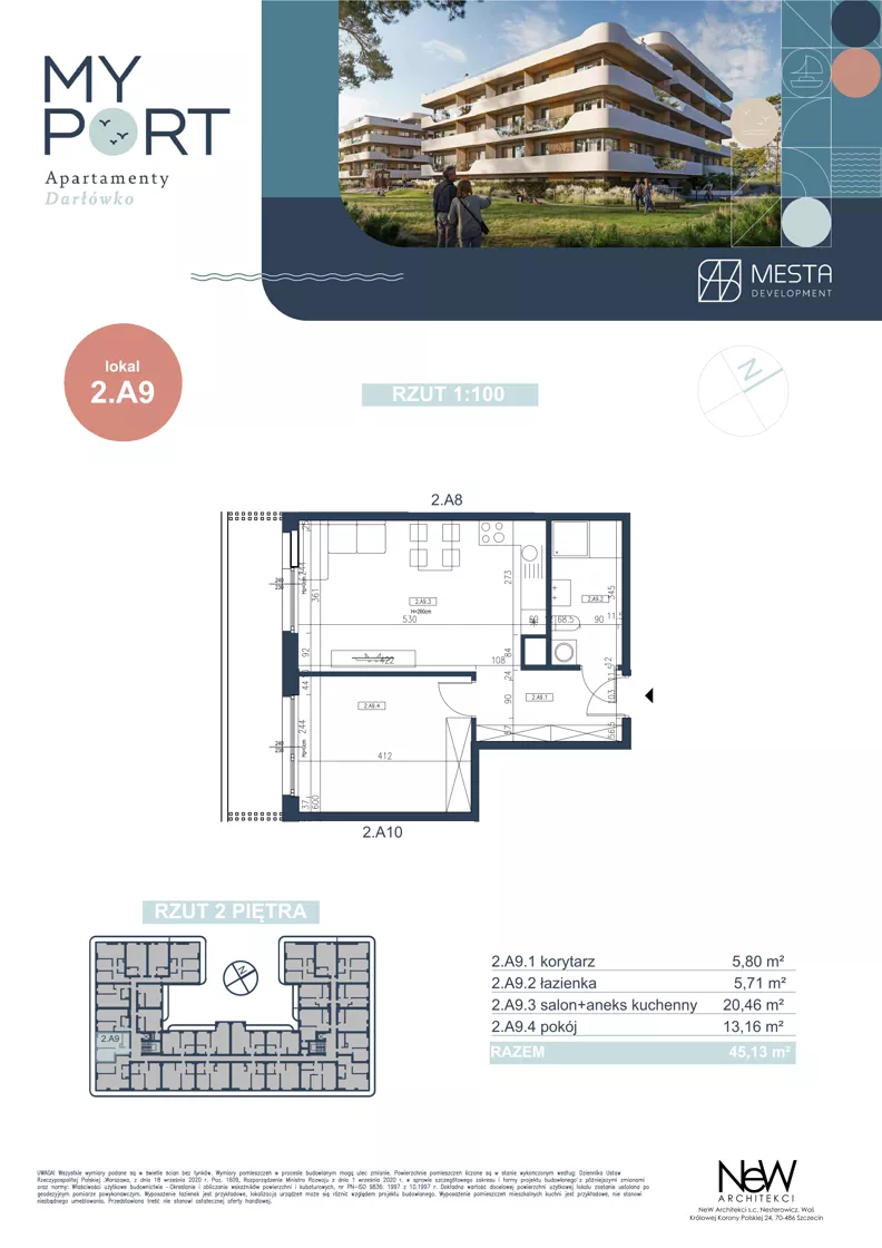 2 pokoje, apartament 45,13 m², piętro 3, oferta nr 2.A9, MyPort Apartamenty Darłówko, Darłowo, ul. Nadmorska