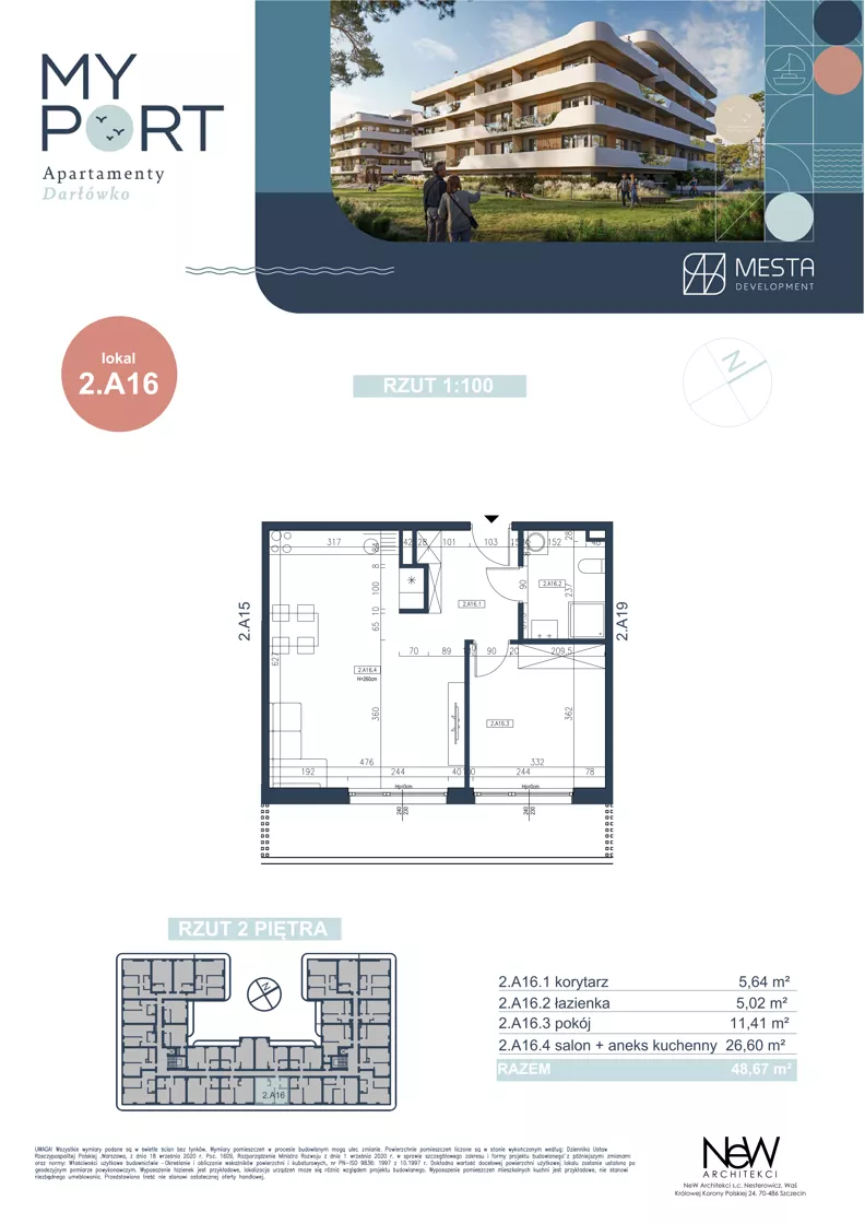 2 pokoje, apartament 48,67 m², piętro 3, oferta nr 2.A16, MyPort Apartamenty Darłówko, Darłowo, ul. Nadmorska