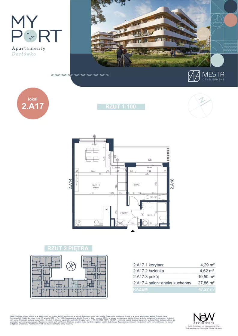 2 pokoje, apartament 47,27 m², piętro 3, oferta nr 2.A17, MyPort Apartamenty Darłówko, Darłowo, ul. Nadmorska