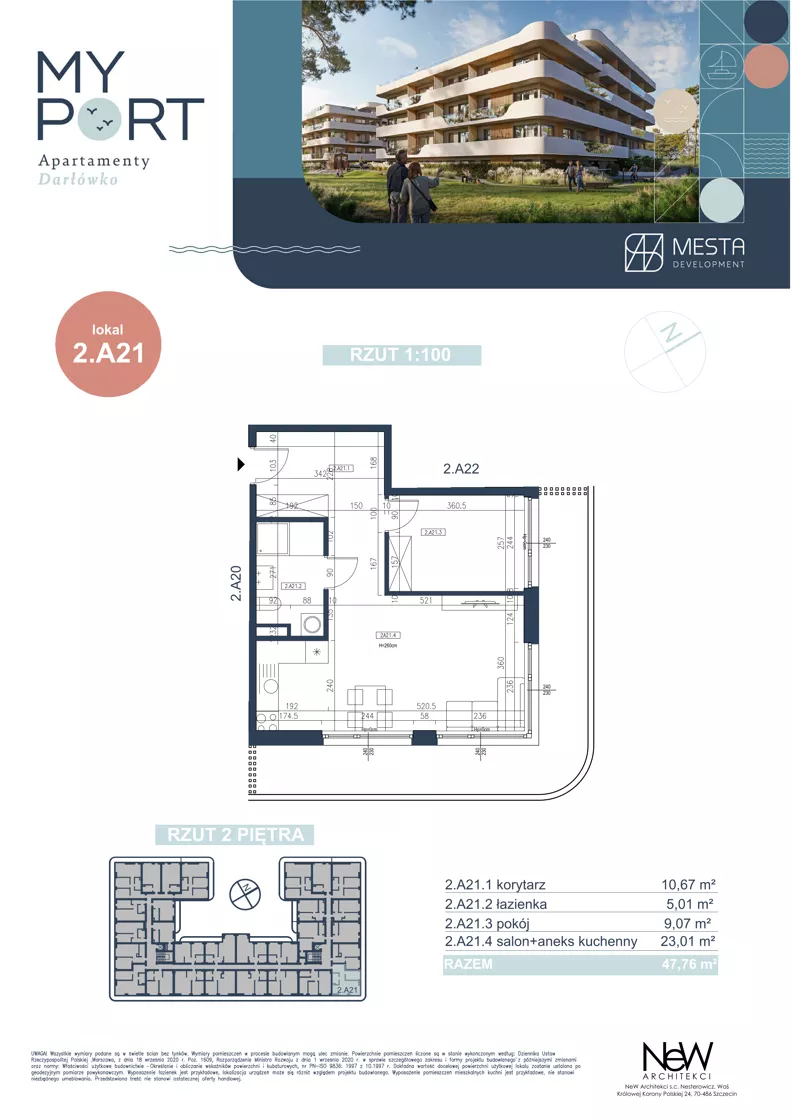 2 pokoje, apartament 47,76 m², piętro 2, oferta nr 2.A21, MyPort Apartamenty Darłówko, Darłowo, ul. Nadmorska