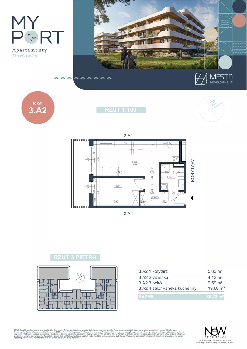 2 pokoje, apartament 39,23 m², piętro 4, oferta nr 3.A2, MyPort Apartamenty Darłówko, Darłowo, ul. Nadmorska