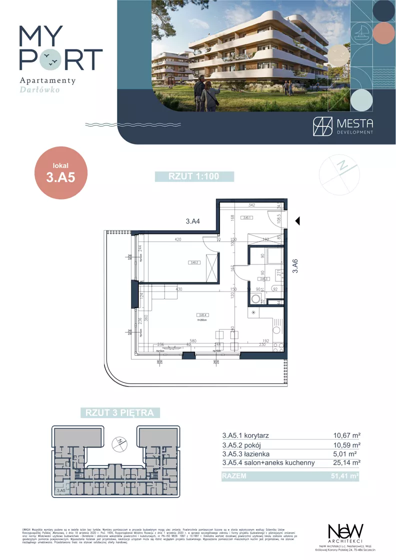 2 pokoje, apartament 51,41 m², piętro 4, oferta nr 3.A5, MyPort Apartamenty Darłówko, Darłowo, ul. Nadmorska