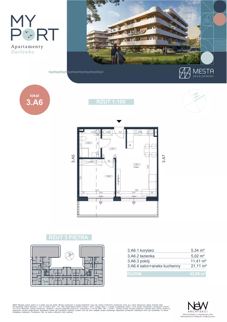 2 pokoje, apartament 42,88 m², piętro 4, oferta nr 3.A6, MyPort Apartamenty Darłówko, Darłowo, ul. Nadmorska
