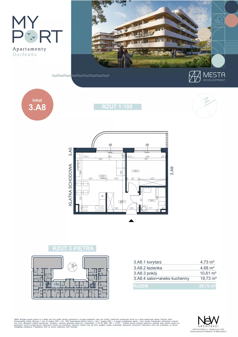 2 pokoje, apartament 39,75 m², piętro 4, oferta nr 3.A8, MyPort Apartamenty Darłówko, Darłowo, ul. Nadmorska