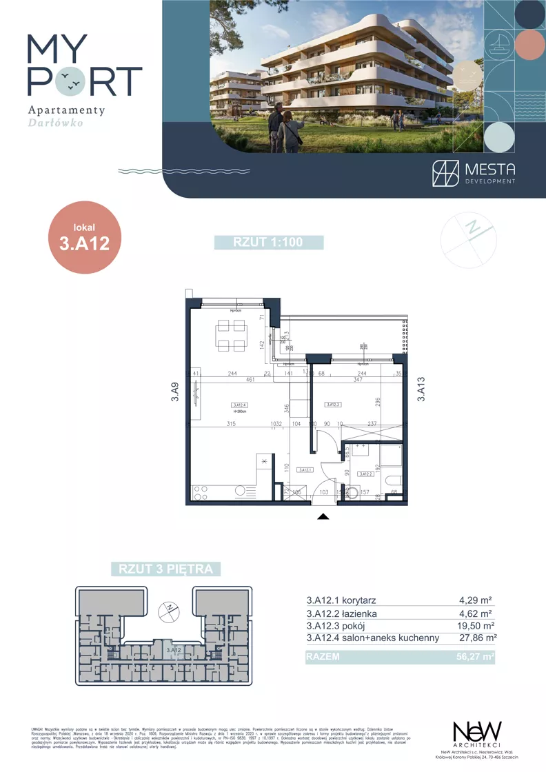 2 pokoje, apartament 56,27 m², piętro 4, oferta nr 3.A12, MyPort Apartamenty Darłówko, Darłowo, ul. Nadmorska