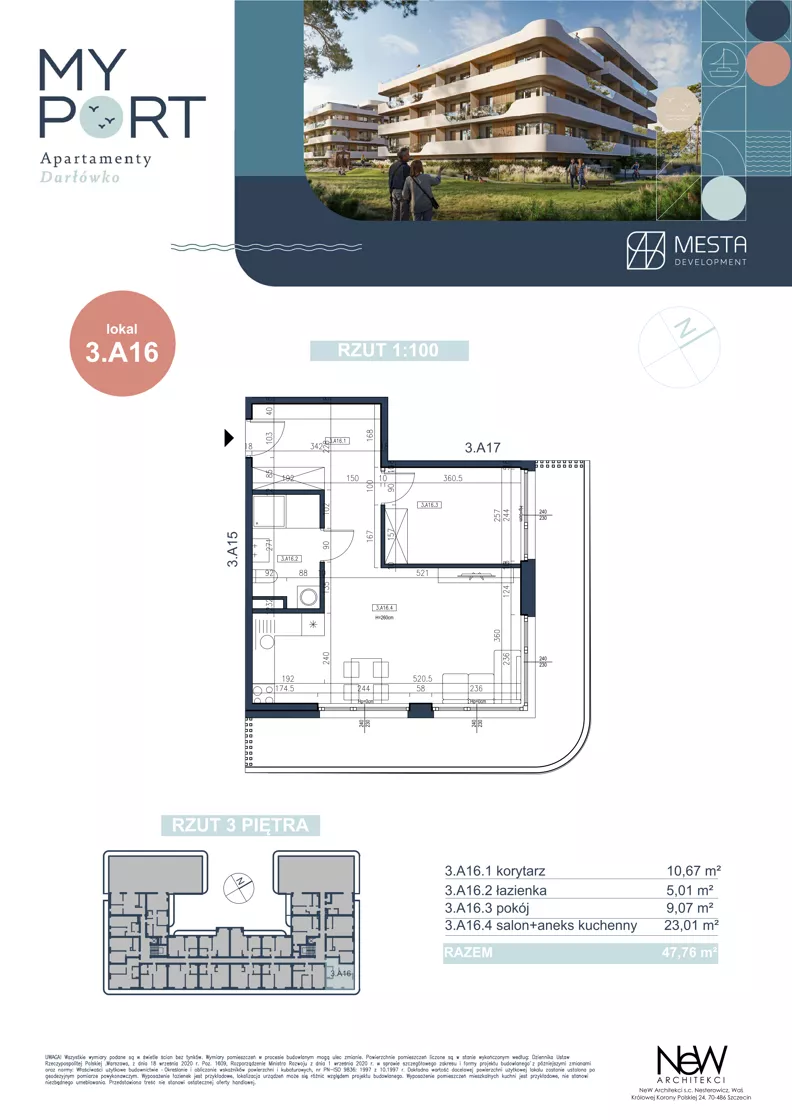 2 pokoje, apartament 47,76 m², piętro 4, oferta nr 3.A16, MyPort Apartamenty Darłówko, Darłowo, ul. Nadmorska