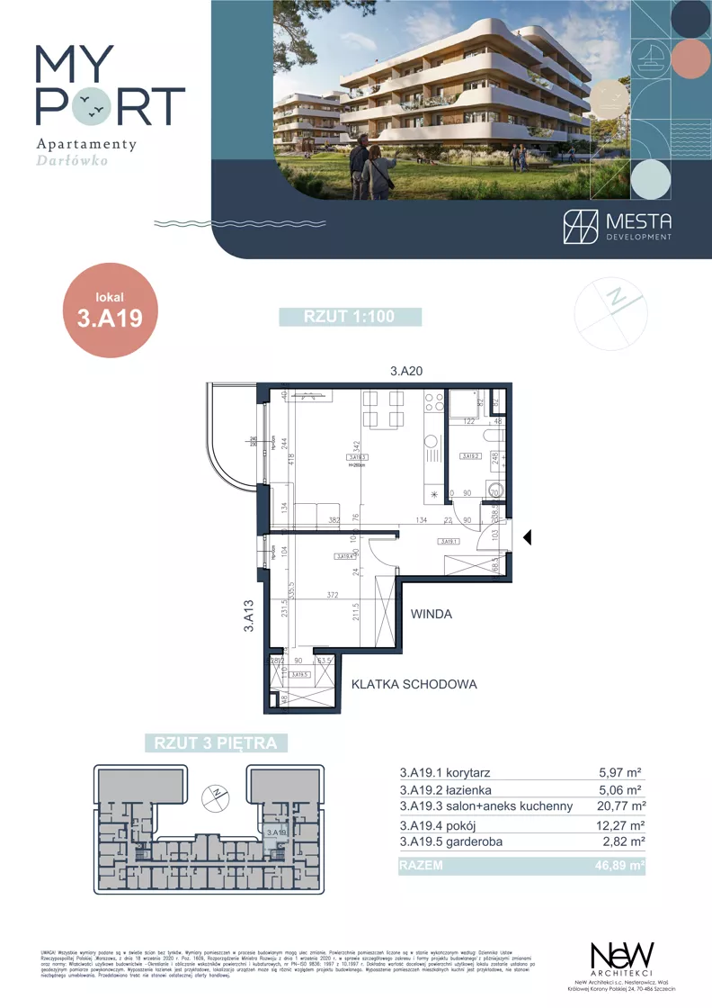 2 pokoje, apartament 46,89 m², piętro 4, oferta nr 3.A19, MyPort Apartamenty Darłówko, Darłowo, ul. Nadmorska