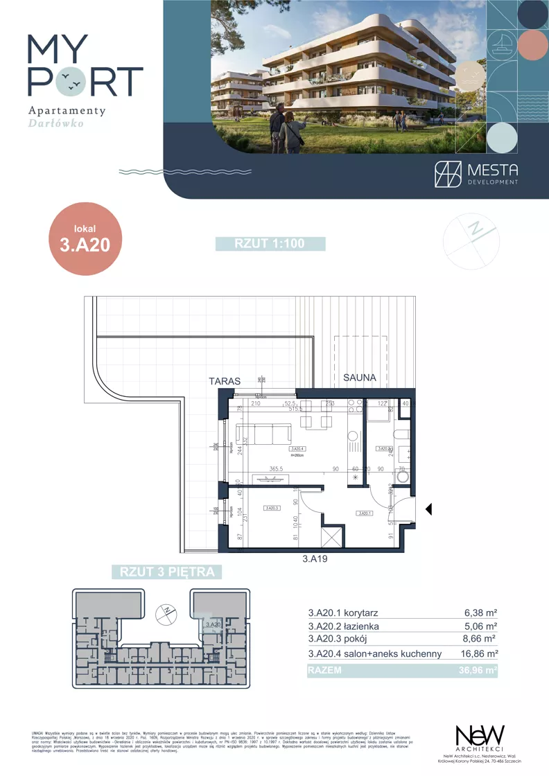 2 pokoje, apartament 36,96 m², piętro 4, oferta nr 3.A20, MyPort Apartamenty Darłówko, Darłowo, ul. Nadmorska