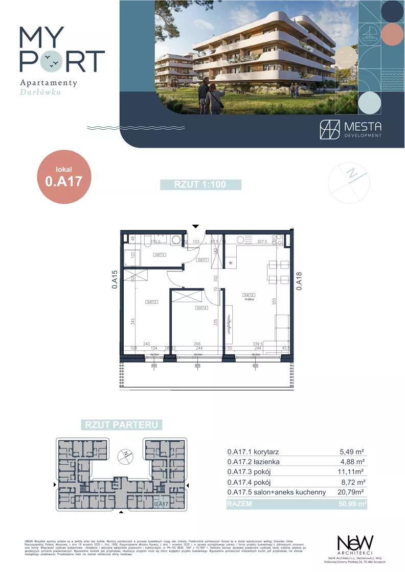 3 pokoje, apartament 50,99 m², parter, oferta nr 0.A17, MyPort Apartamenty Darłówko, Darłowo, ul. Nadmorska