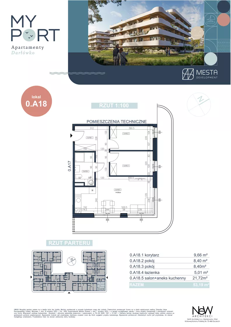 3 pokoje, apartament 53,19 m², piętro 1, oferta nr 0.A18, MyPort Apartamenty Darłówko, Darłowo, ul. Nadmorska