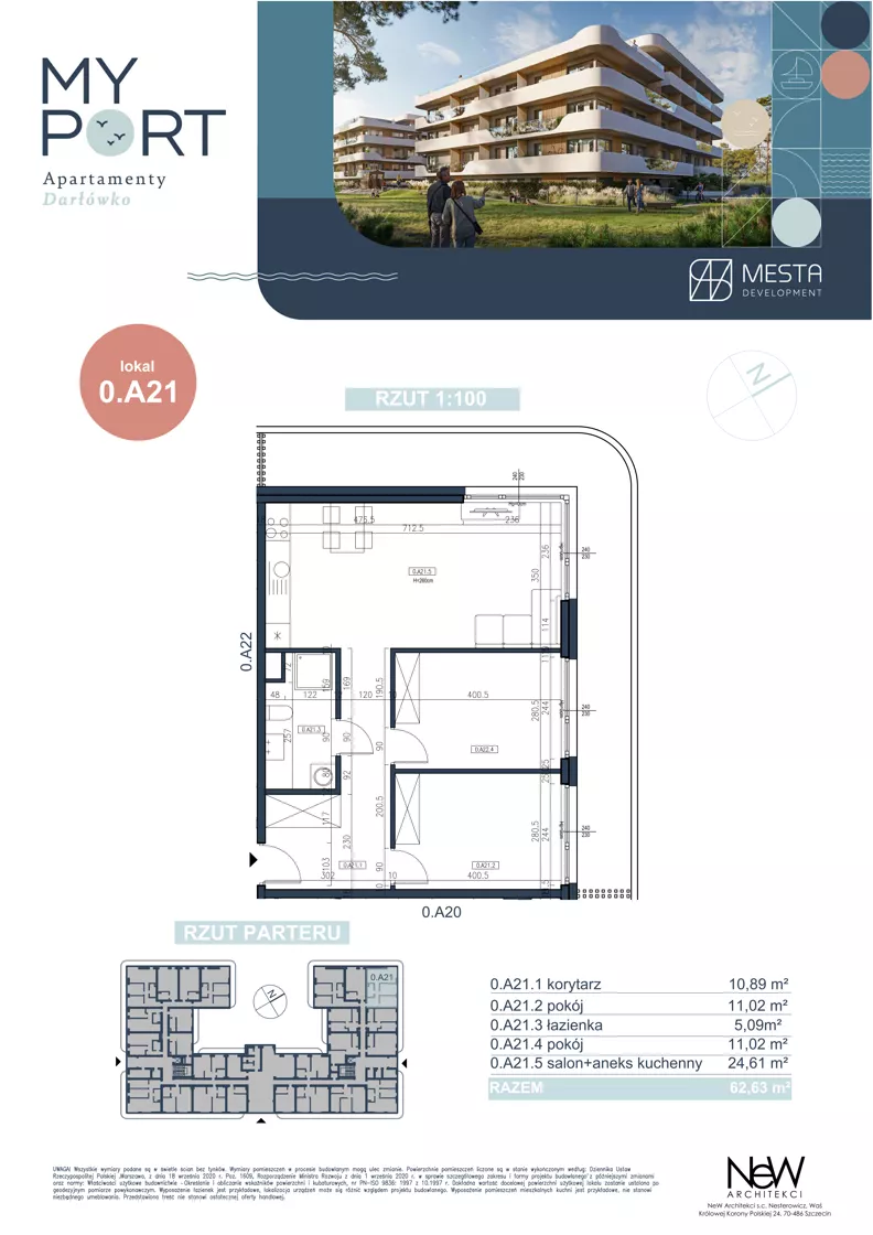 3 pokoje, apartament 62,63 m², piętro 1, oferta nr 0.A21, MyPort Apartamenty Darłówko, Darłowo, ul. Nadmorska
