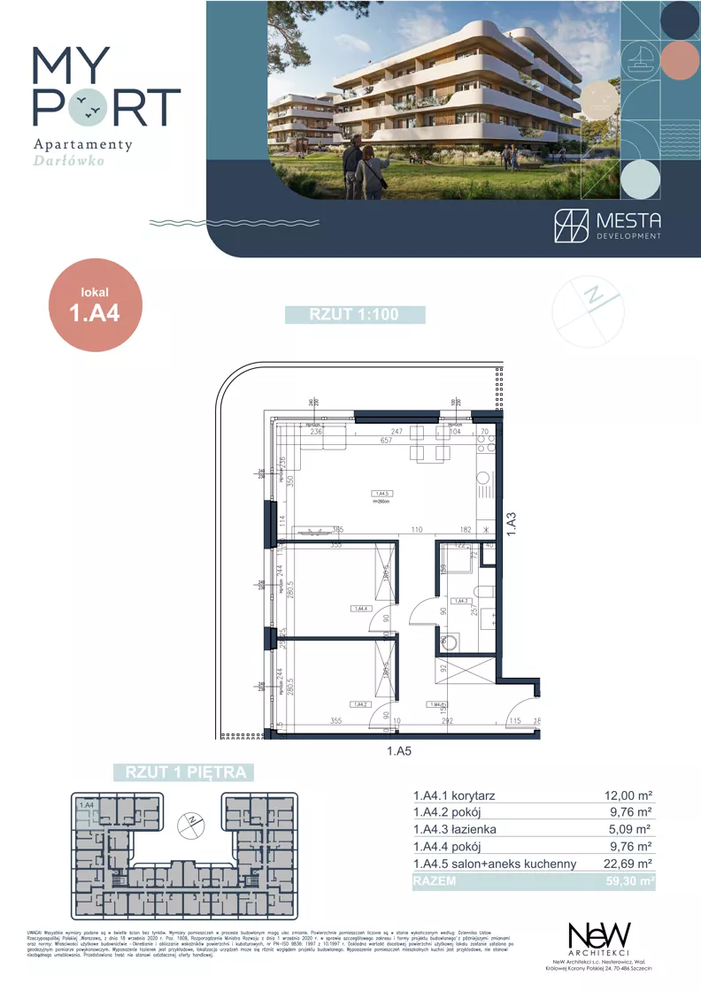 3 pokoje, apartament 59,30 m², piętro 2, oferta nr 1.A4, MyPort Apartamenty Darłówko, Darłowo, ul. Nadmorska