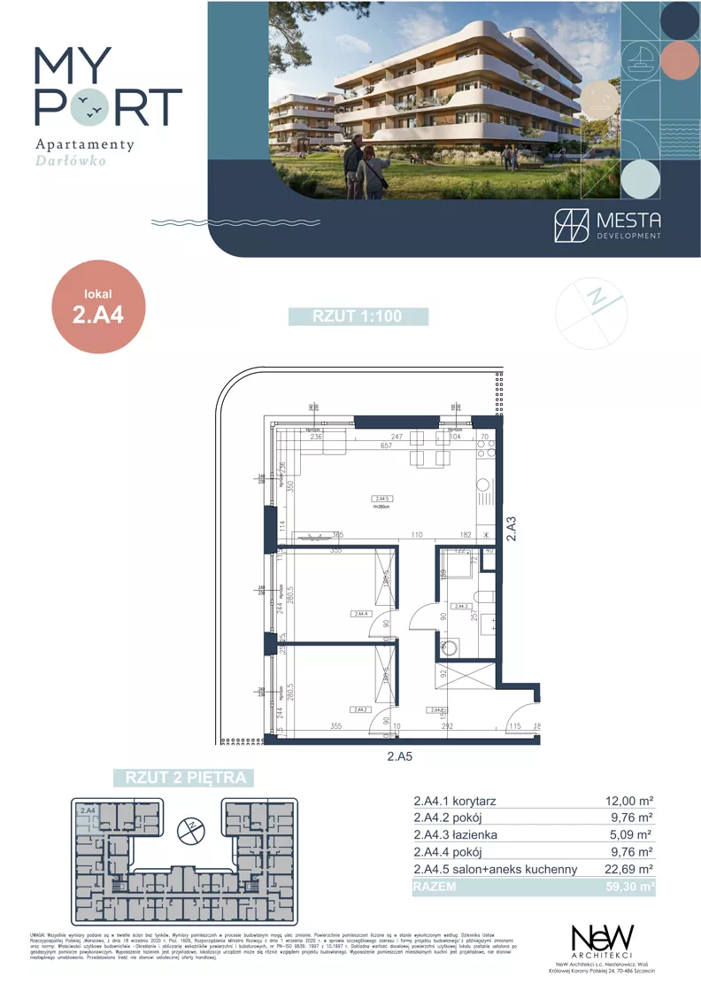 3 pokoje, apartament 59,30 m², piętro 2, oferta nr 2.A4, MyPort Apartamenty Darłówko, Darłowo, ul. Nadmorska