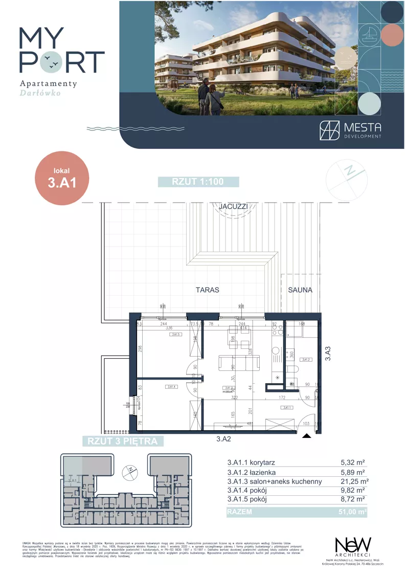 3 pokoje, apartament 51,00 m², piętro 3, oferta nr 3.A1, MyPort Apartamenty Darłówko, Darłowo, ul. Nadmorska
