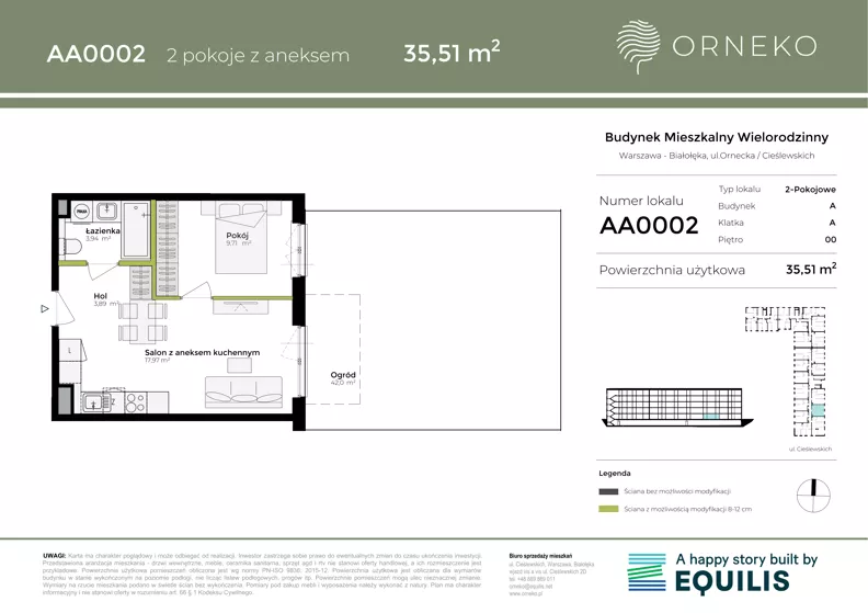2 pokoje, mieszkanie 35,51 m², parter, oferta nr AA0002, Orneko, Warszawa, Białołęka, ul. Cieślewskich / Ornecka