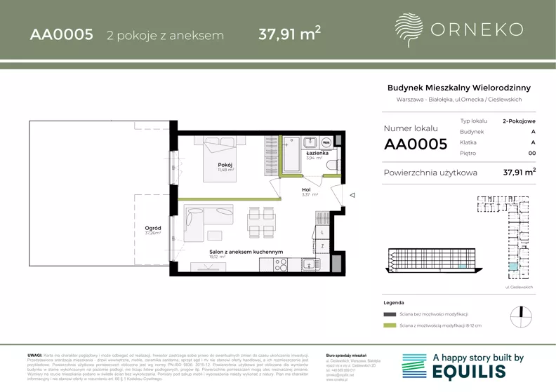 2 pokoje, mieszkanie 37,91 m², parter, oferta nr AA0005, Orneko, Warszawa, Białołęka, ul. Cieślewskich / Ornecka