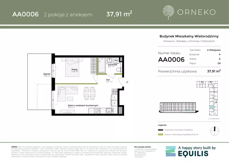 2 pokoje, mieszkanie 37,91 m², parter, oferta nr AA0006, Orneko, Warszawa, Białołęka, ul. Cieślewskich / Ornecka