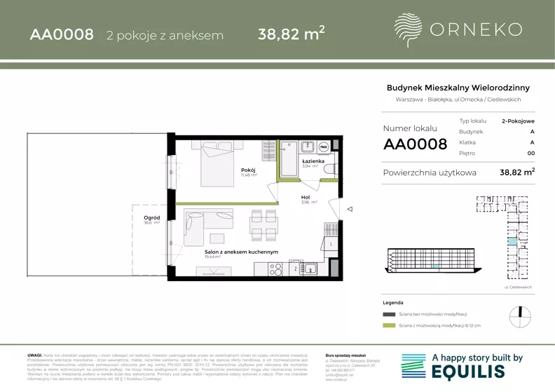 2 pokoje, mieszkanie 38,83 m², parter, oferta nr AA0008, Orneko, Warszawa, Białołęka, ul. Cieślewskich / Ornecka