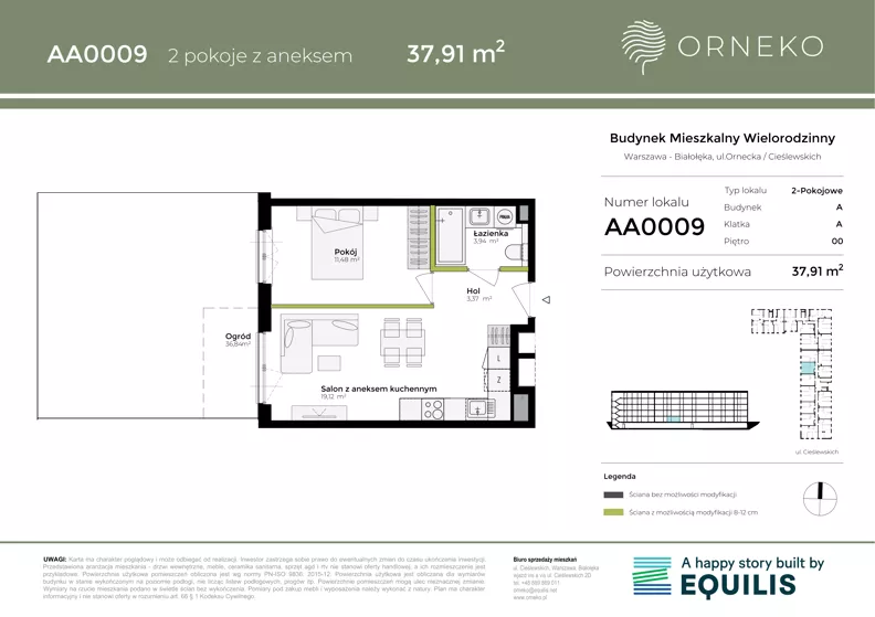 2 pokoje, mieszkanie 37,91 m², parter, oferta nr AA0009, Orneko, Warszawa, Białołęka, ul. Cieślewskich / Ornecka