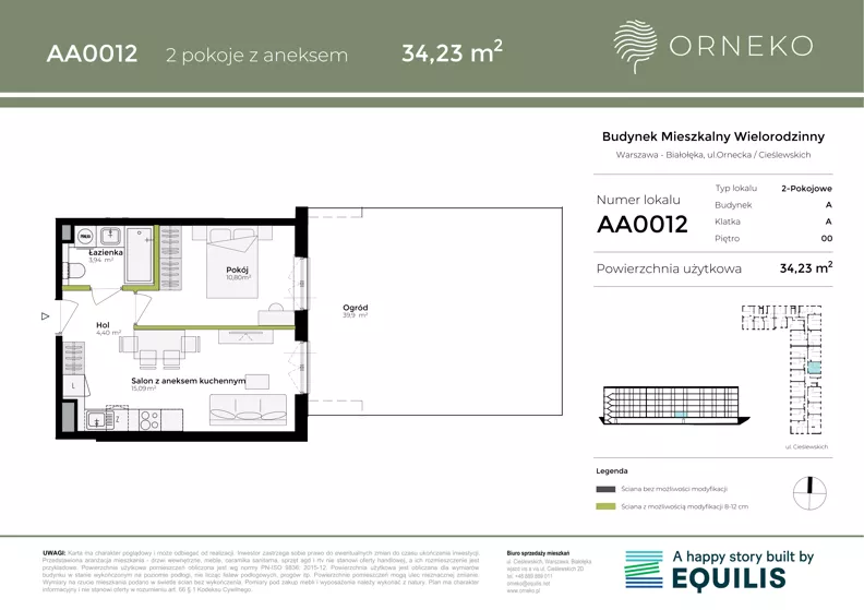 2 pokoje, mieszkanie 34,23 m², parter, oferta nr AA0012, Orneko, Warszawa, Białołęka, ul. Cieślewskich / Ornecka