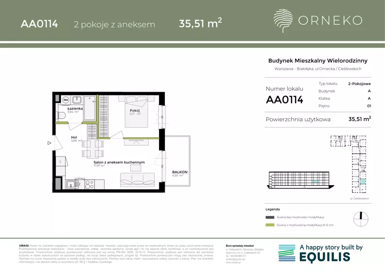 2 pokoje, mieszkanie 35,51 m², piętro 1, oferta nr AA0114, Orneko, Warszawa, Białołęka, ul. Cieślewskich / Ornecka