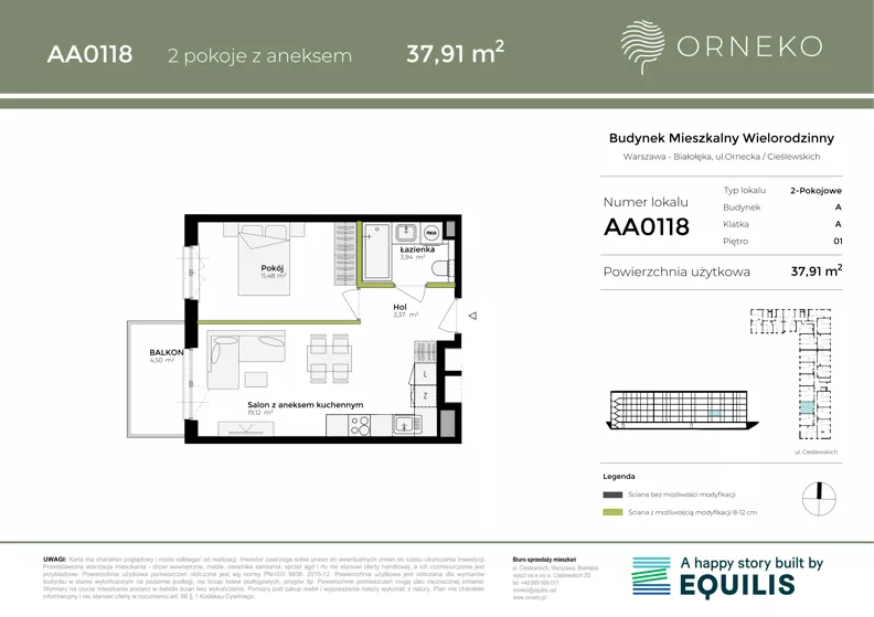 2 pokoje, mieszkanie 37,91 m², piętro 1, oferta nr AA0118, Orneko, Warszawa, Białołęka, ul. Cieślewskich / Ornecka