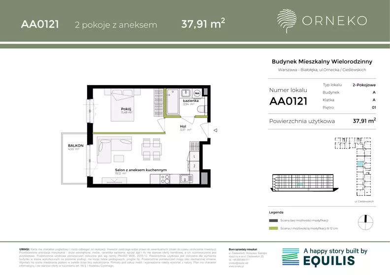 2 pokoje, mieszkanie 37,91 m², piętro 1, oferta nr AA0121, Orneko, Warszawa, Białołęka, ul. Cieślewskich / Ornecka