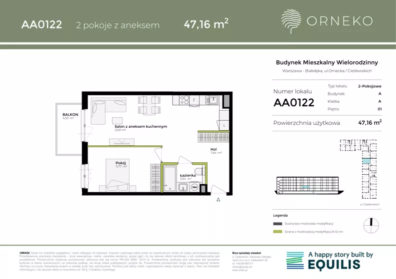 2 pokoje, mieszkanie 47,16 m², piętro 1, oferta nr AA0122, Orneko, Warszawa, Białołęka, ul. Cieślewskich / Ornecka