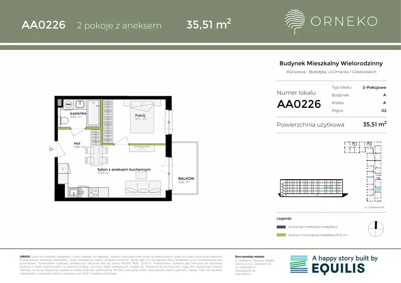 2 pokoje, mieszkanie 35,51 m², piętro 2, oferta nr AA0226, Orneko, Warszawa, Białołęka, ul. Cieślewskich / Ornecka