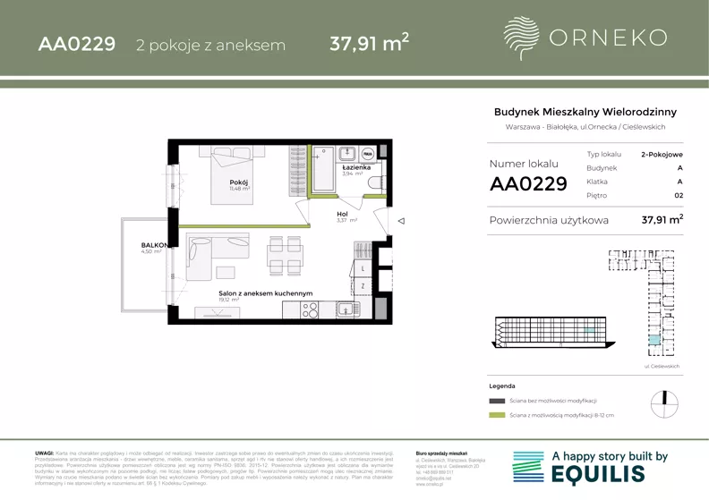 2 pokoje, mieszkanie 37,91 m², piętro 2, oferta nr AA0229, Orneko, Warszawa, Białołęka, ul. Cieślewskich / Ornecka