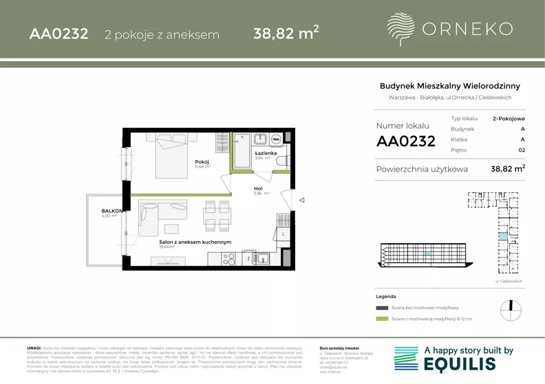 2 pokoje, mieszkanie 38,83 m², piętro 2, oferta nr AA0232, Orneko, Warszawa, Białołęka, ul. Cieślewskich / Ornecka