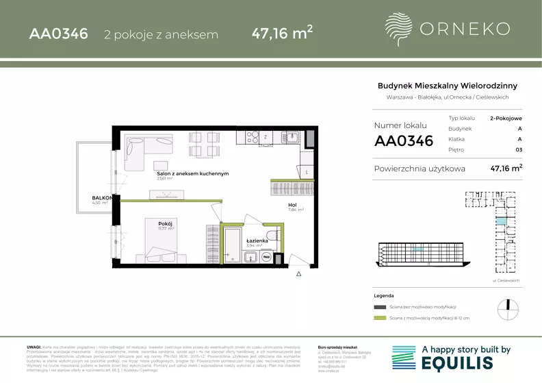 2 pokoje, mieszkanie 47,16 m², piętro 3, oferta nr AA0346, Orneko, Warszawa, Białołęka, ul. Cieślewskich / Ornecka