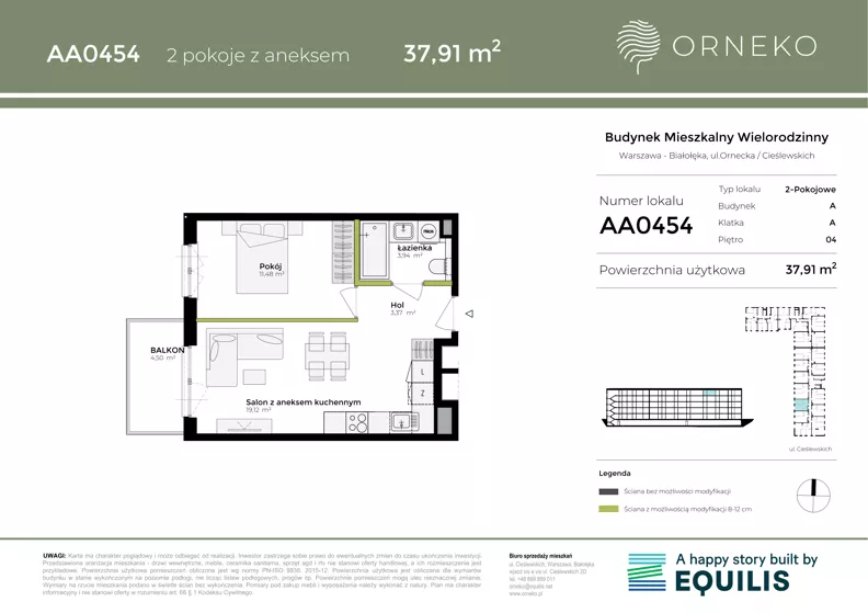 2 pokoje, mieszkanie 37,91 m², piętro 4, oferta nr AA0454, Orneko, Warszawa, Białołęka, ul. Cieślewskich / Ornecka