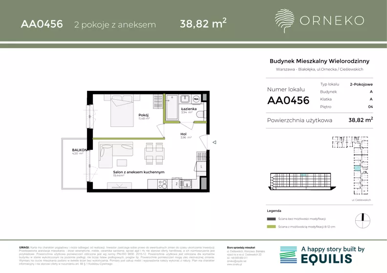 2 pokoje, mieszkanie 38,83 m², piętro 4, oferta nr AA0456, Orneko, Warszawa, Białołęka, ul. Cieślewskich / Ornecka