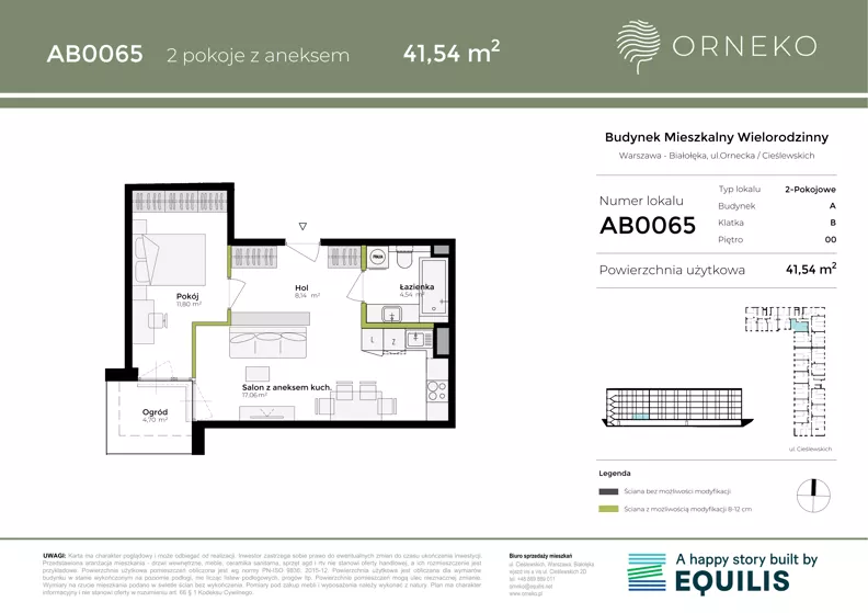 2 pokoje, mieszkanie 41,55 m², parter, oferta nr AB0065, Orneko, Warszawa, Białołęka, ul. Cieślewskich / Ornecka