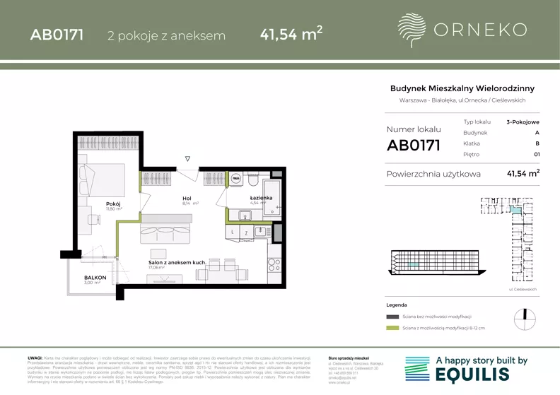 2 pokoje, mieszkanie 41,55 m², piętro 1, oferta nr AB0171, Orneko, Warszawa, Białołęka, ul. Cieślewskich / Ornecka