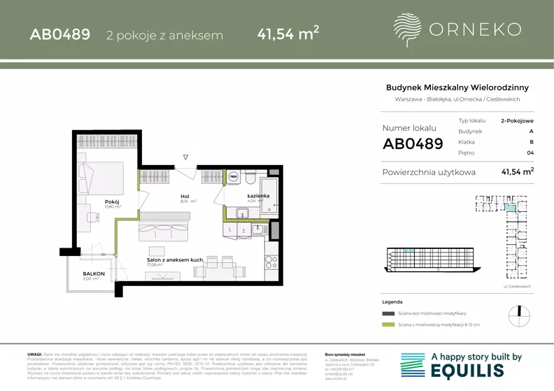 2 pokoje, mieszkanie 41,55 m², piętro 4, oferta nr AB0489, Orneko, Warszawa, Białołęka, ul. Cieślewskich / Ornecka