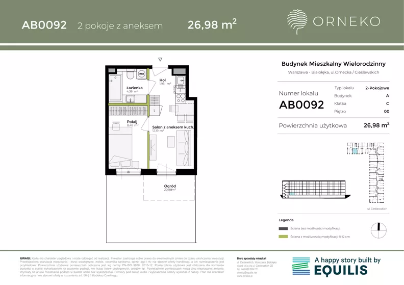 2 pokoje, mieszkanie 26,98 m², parter, oferta nr AC0092, Orneko, Warszawa, Białołęka, ul. Cieślewskich / Ornecka