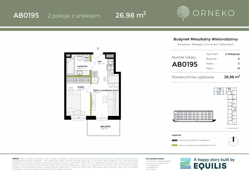 2 pokoje, mieszkanie 26,98 m², piętro 1, oferta nr AC0195, Orneko, Warszawa, Białołęka, ul. Cieślewskich / Ornecka