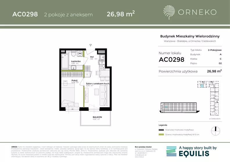 2 pokoje, mieszkanie 26,98 m², piętro 2, oferta nr AC0298, Orneko, Warszawa, Białołęka, ul. Cieślewskich / Ornecka