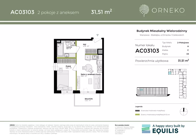 2 pokoje, mieszkanie 31,53 m², piętro 3, oferta nr AC03103, Orneko, Warszawa, Białołęka, ul. Cieślewskich / Ornecka