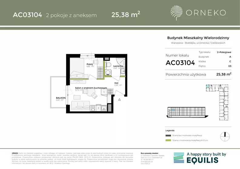 2 pokoje, mieszkanie 25,38 m², piętro 3, oferta nr AC03104, Orneko, Warszawa, Białołęka, ul. Cieślewskich / Ornecka