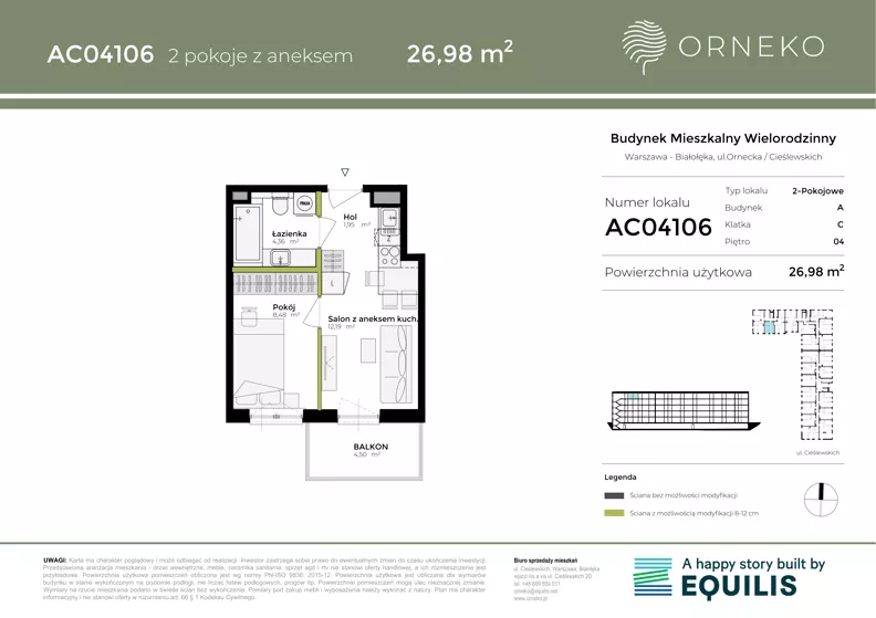 2 pokoje, mieszkanie 26,98 m², piętro 4, oferta nr AC04106, Orneko, Warszawa, Białołęka, ul. Cieślewskich / Ornecka